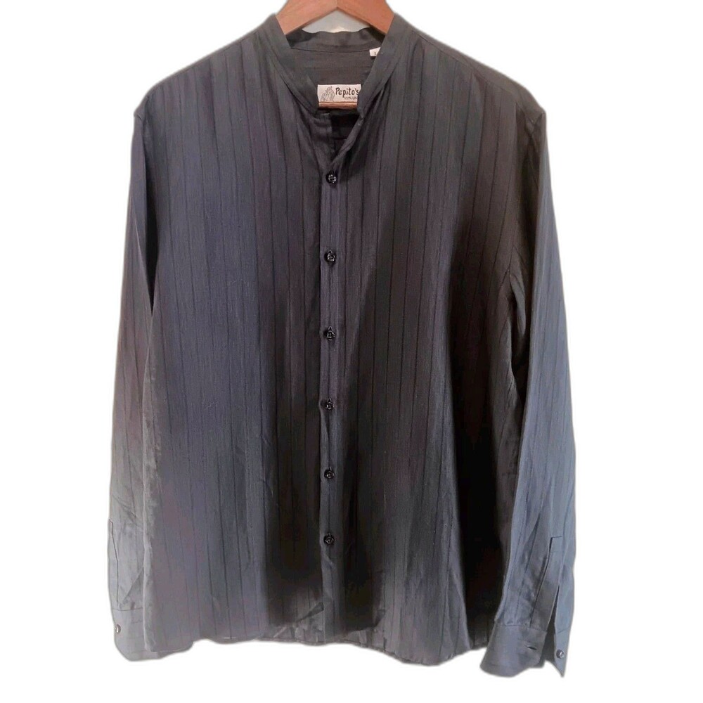 Pepito's Positano Italy Men's 100% Linen Band Collar Striped Shirt Navy Blue L